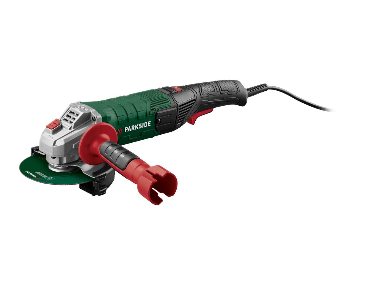An angle grinder with a green body, red handle, and a green cutting disc.