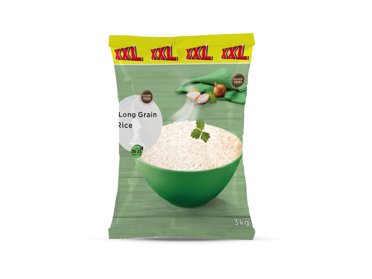 Pakiranje riže dugog zrna od 3 kg s natpisom 'XXL' i logotipom 'GOLDEN sun'.