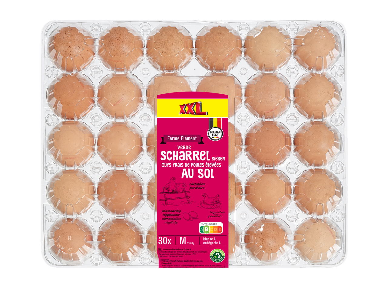 Trente œufs frais de poules élevées au sol de la marque Ferme Flement.