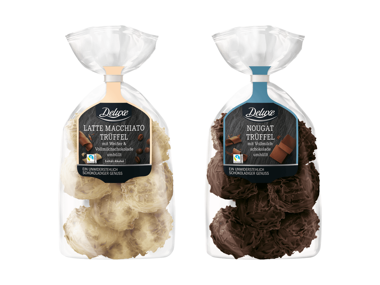Deluxe Latte Macchiato und Nougat Trüffel in transparenter Verpackung.