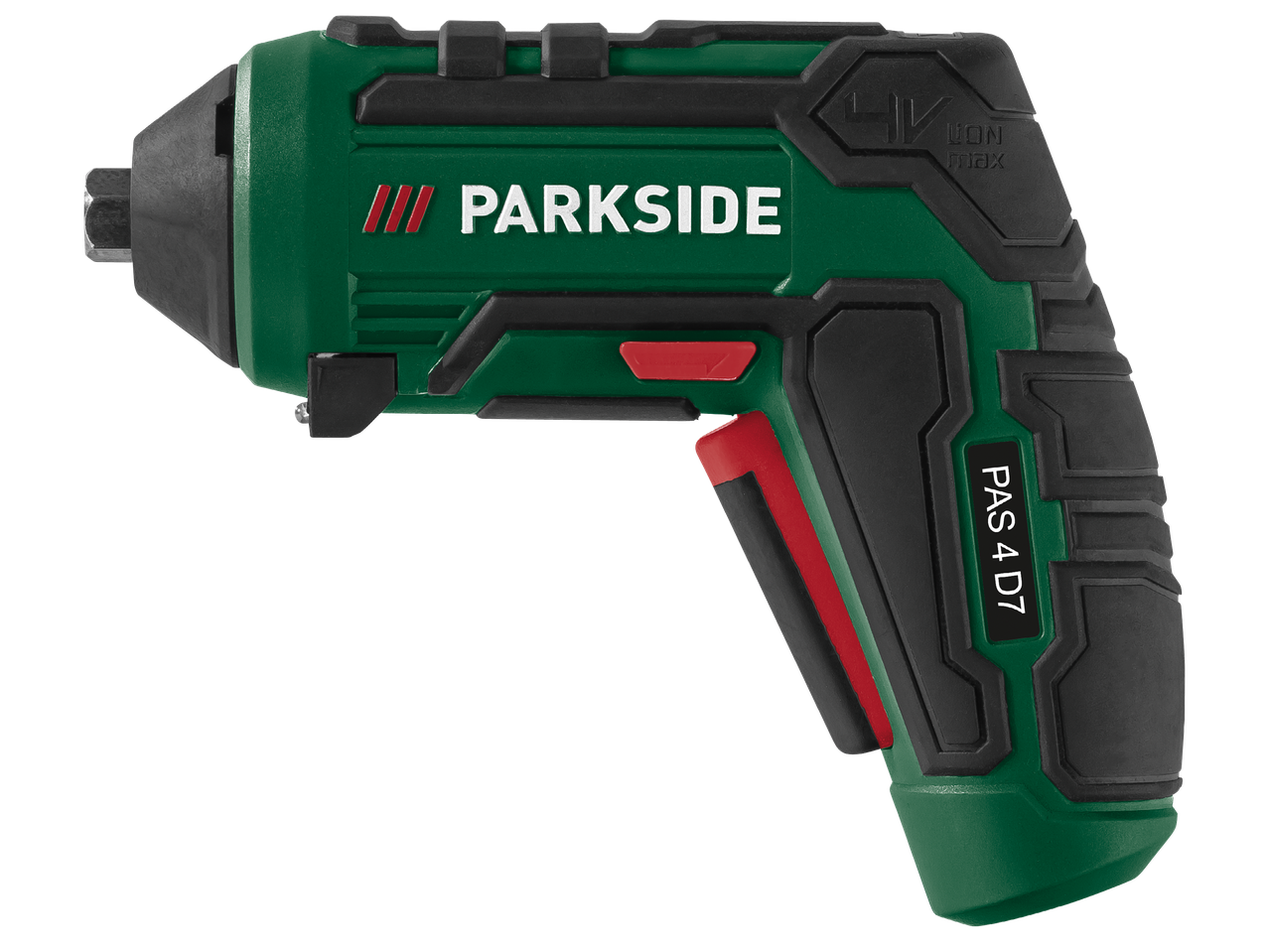Акумулаторен винтоверт Parkside PAS 4 D7 в зелено и черно с червени акценти.