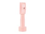 Pink portable handheld fan with a rectangular head and a cylindrical base.