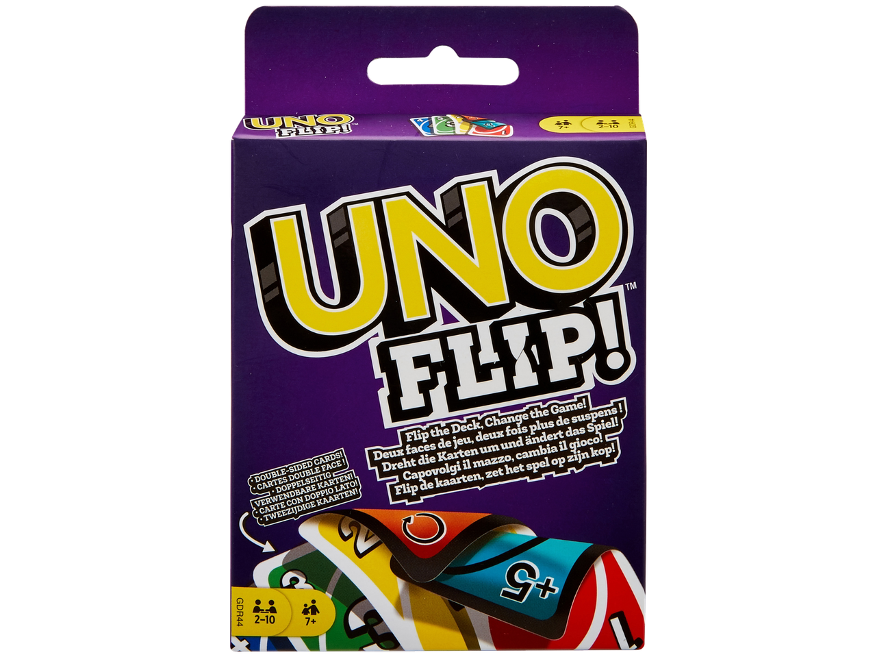 UNO Flip! card game with double-sided cards for 2-10 players, ages 7 and up.
