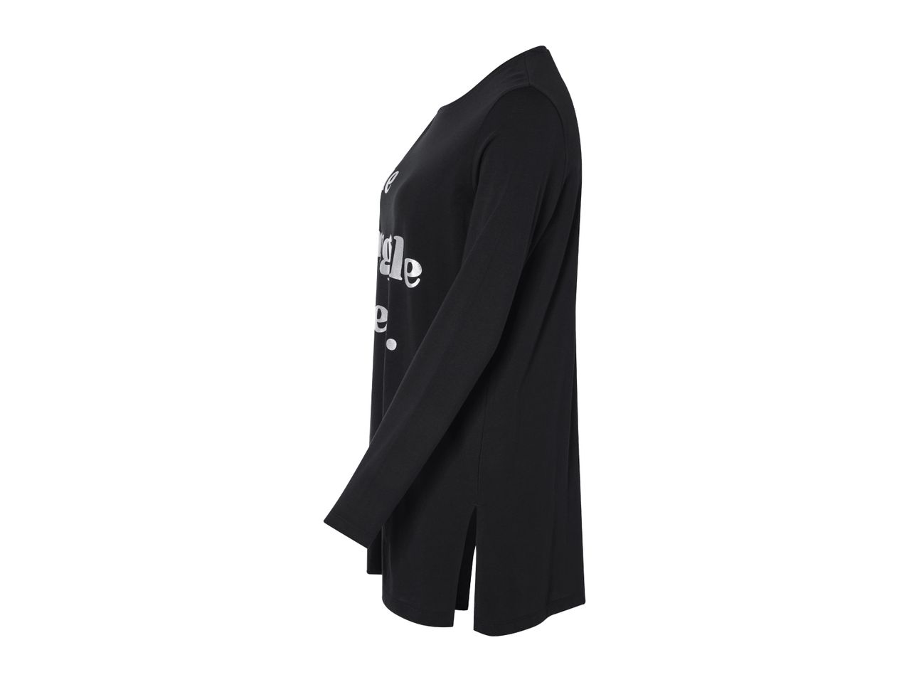 Black long-sleeve tunic with white text, side view