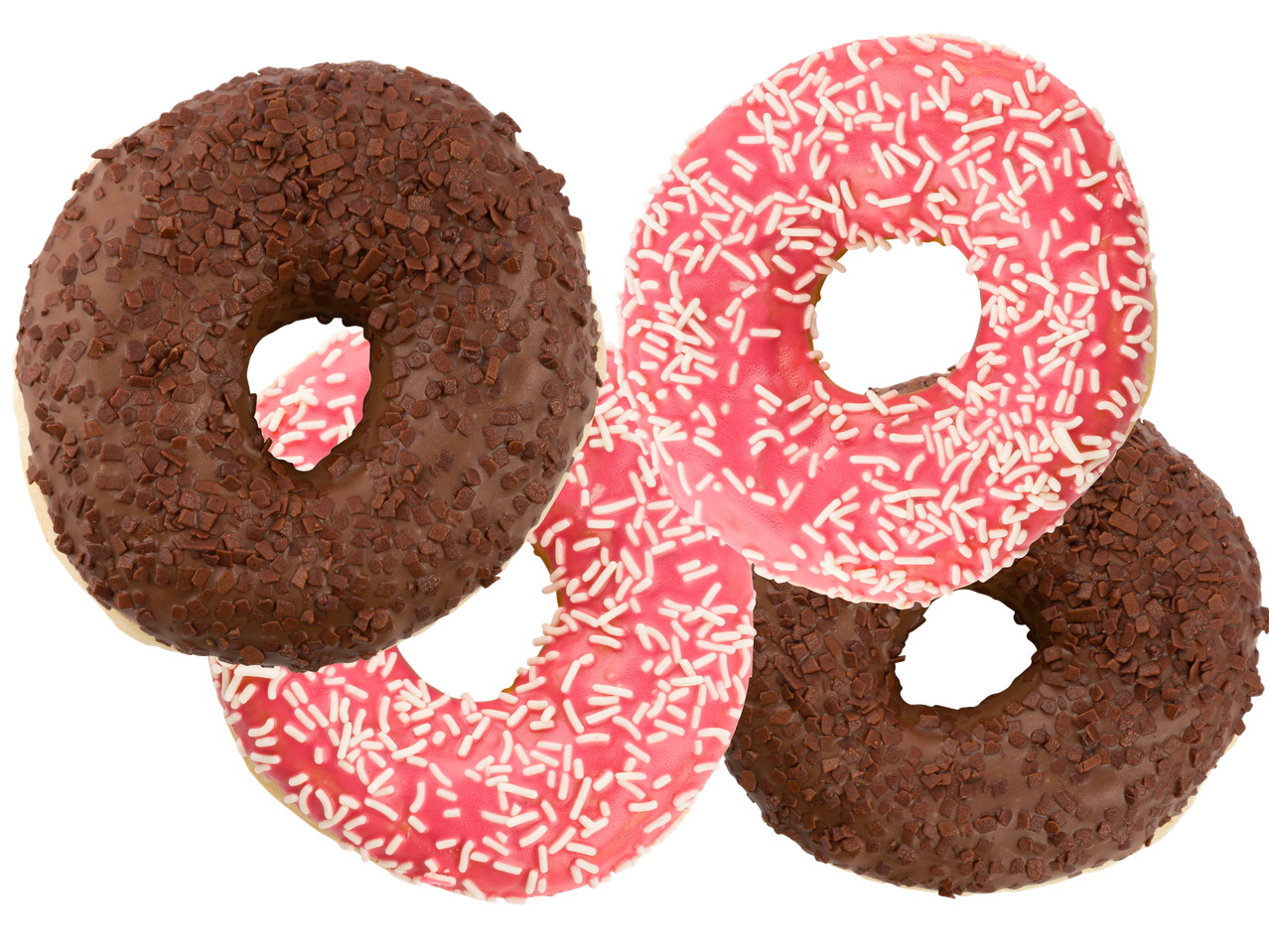 Fyra munkar, två med rosa glasyr och strössel, och två med chokladglasyr och chokladströssel.