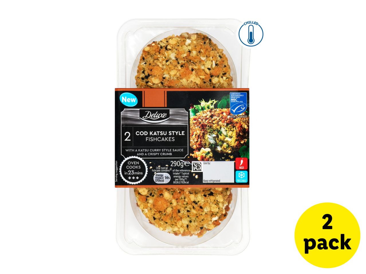 Two chilled cod katsu style fishcakes with curry sauce and crispy crumb, 290g, oven cooks in 23 mins.