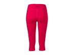 Back view of a pair of bright pink capri leggings with a small black logo on the waistband.