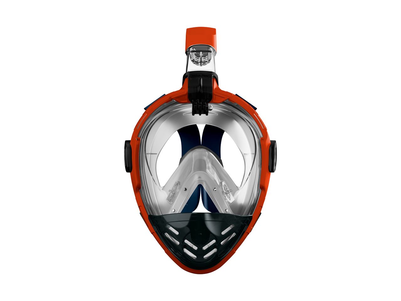 Orange full-face snorkel mask with a clear visor and black accents.