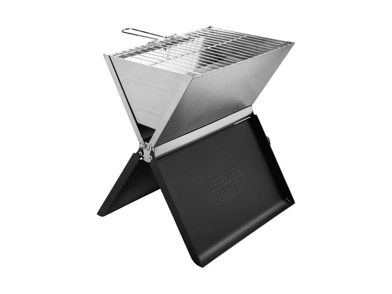 Sammenklappelig grill i rustfrit stål med sort base og grillrist.