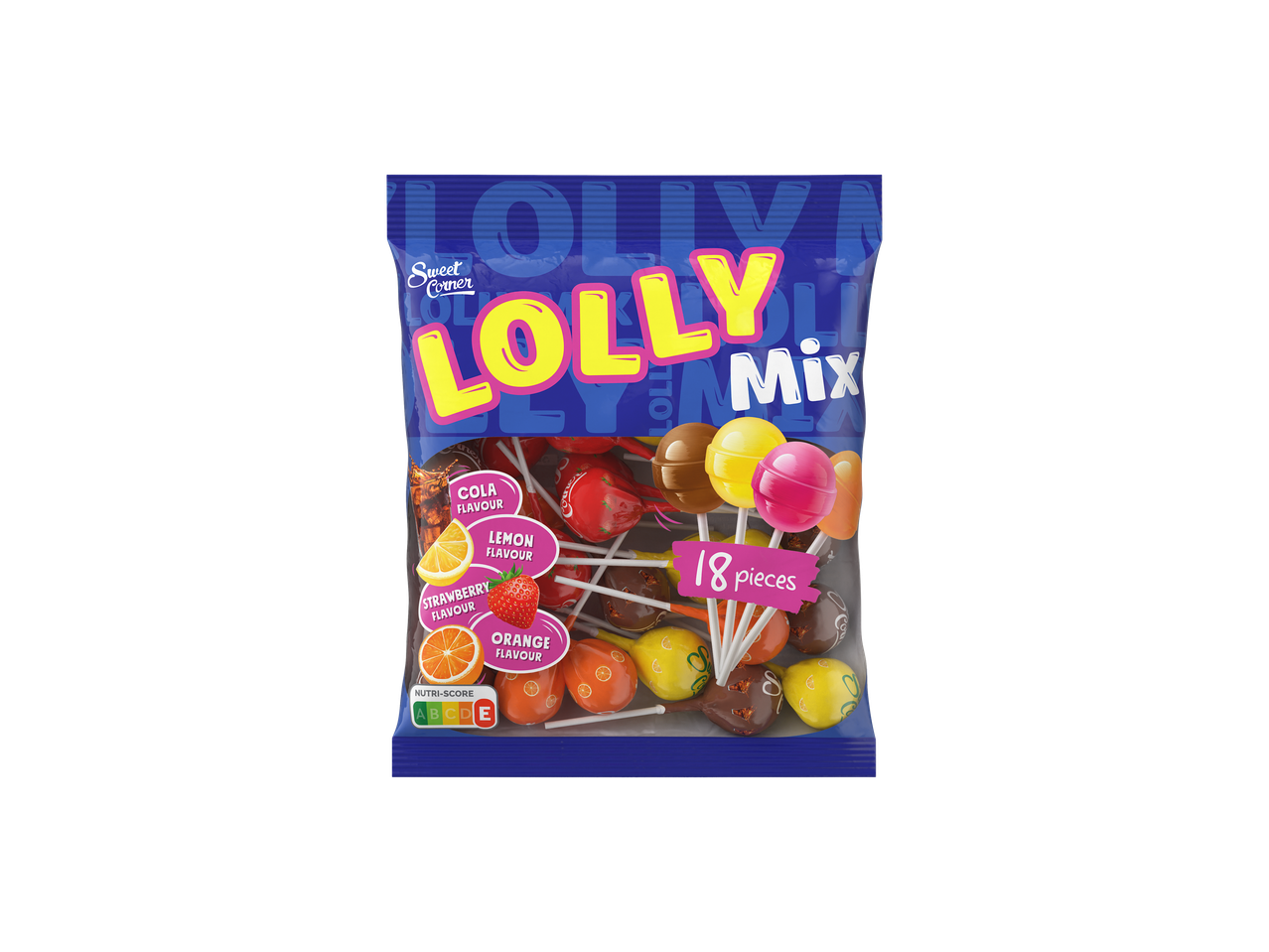 Sweet Corner Lolly Mix kóla, citrom, eper és narancs ízekben, 18 darabos kiszerelésben.