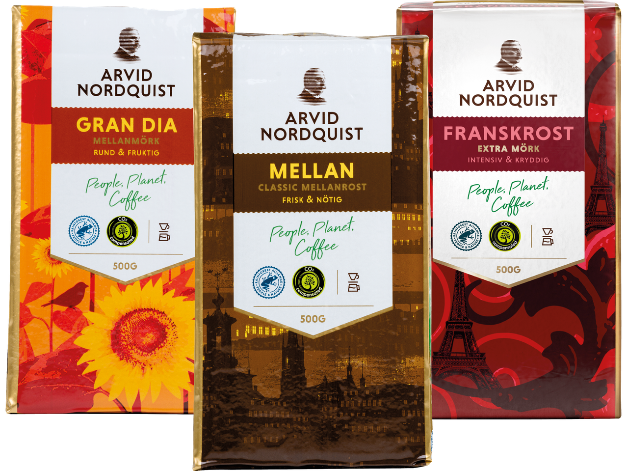 Tre paket Arvid Nordquist kaffe: Gran Dia, Mellan och Fransksrost, med olika bakgrundsteman.