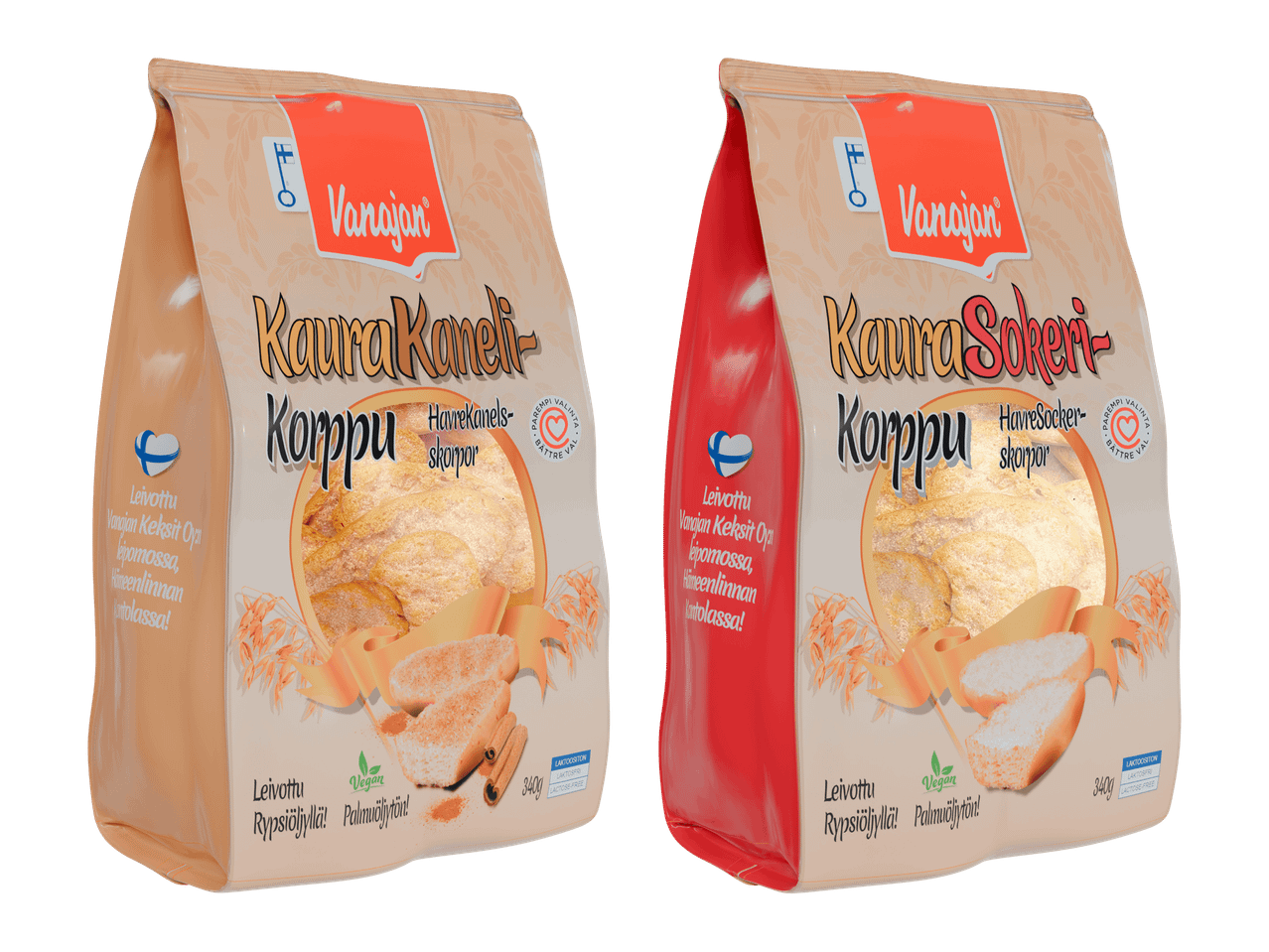 Kaksi pussia Vönerin Kappa-siruja, toinen beige ja toinen punainen.