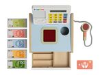 Toy cash register with play money featuring animals, a scanner, and a credit card.