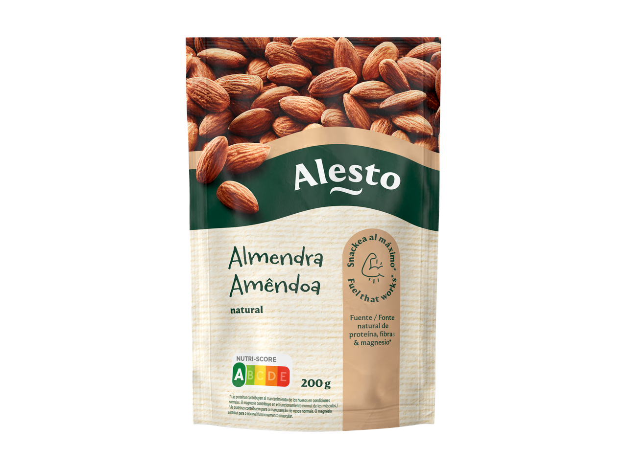 Amêndoas em um saco, com Nutri-Score A e texto sobre proteína natural, fibra e magnésio.