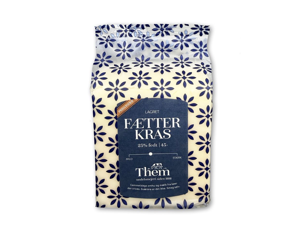 Pakket ost med et blåt og hvidt blomstermønster, mærket 'Fætter Kras' og '25% fedt'.