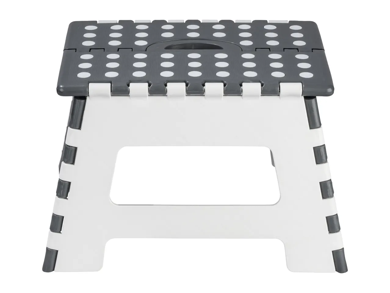 Foldable step stool in white and dark grey with anti-slip dots on the top.