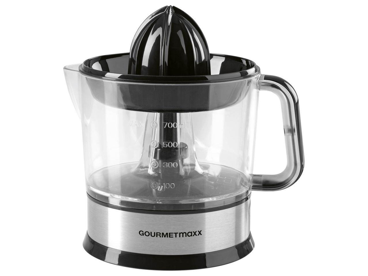 Presse-agrumes électrique GOURMETmaxx avec pichet transparent gradué et base en acier inoxydable.