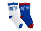 Two pairs of socks, one white and blue, the other blue and red, both with a lion crest.