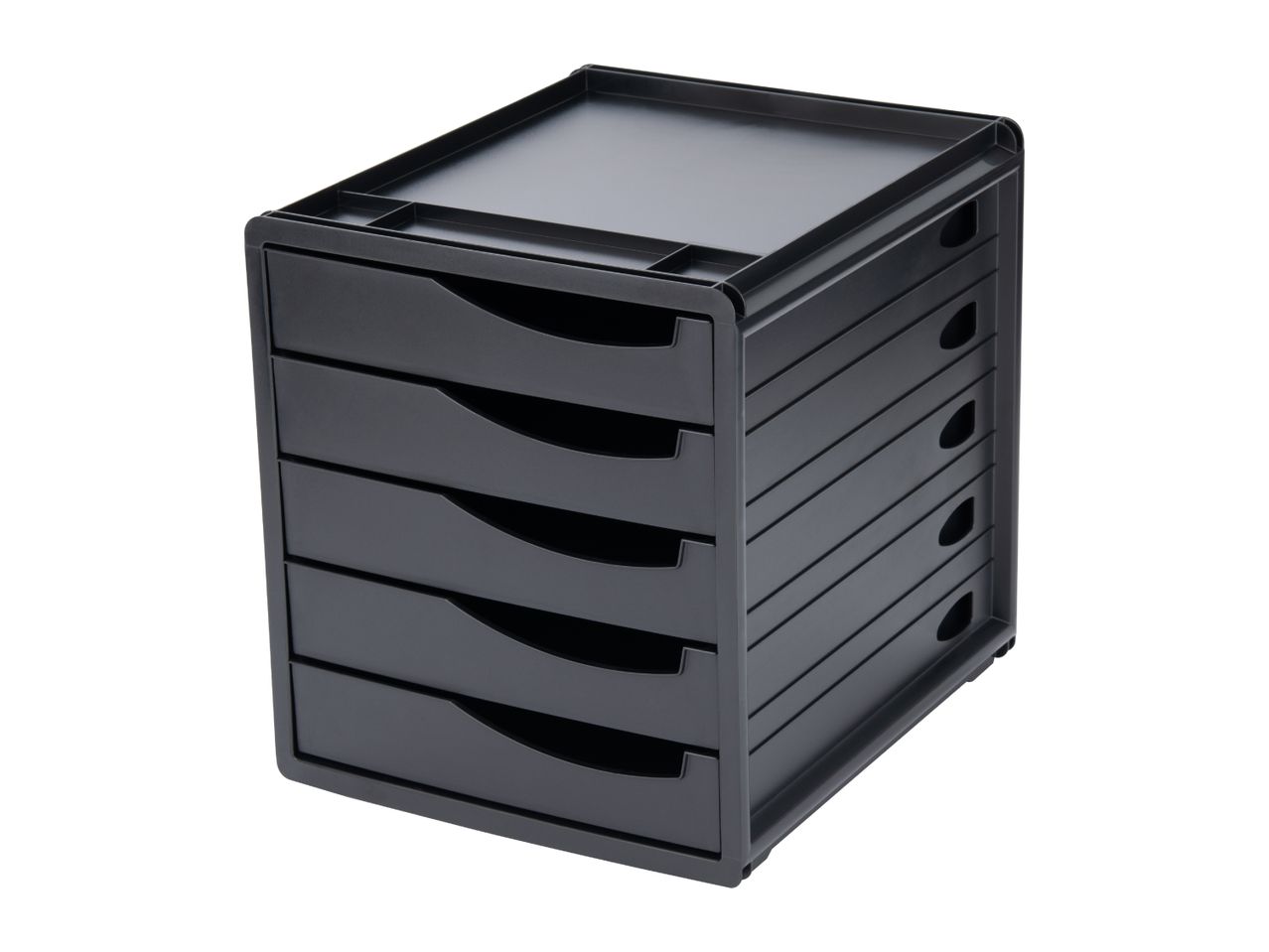 Black plastic desk organizer with five drawers and a top tray with compartments.