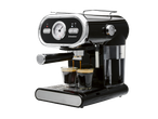 Máquina de café expresso preta com detalhes cromados, preparando duas chávenas de café.