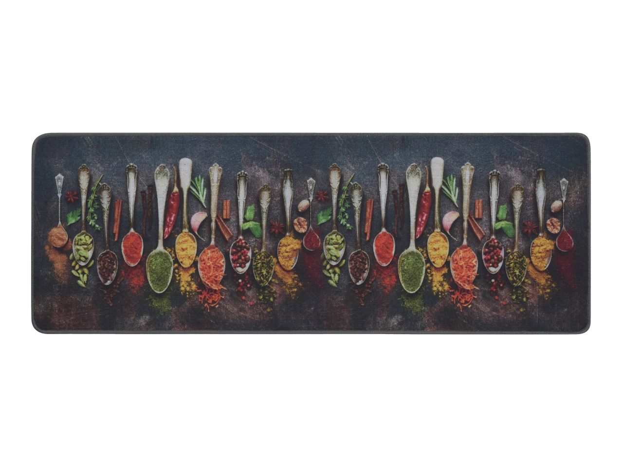 A kitchen mat with a pattern of various spices in spoons on a dark background.