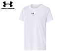 White short-sleeved t-shirt with a small black logo on the chest