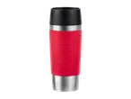 Tefal® termo šalica s crvenim gumenim držačem i dizajnom na temu kave.