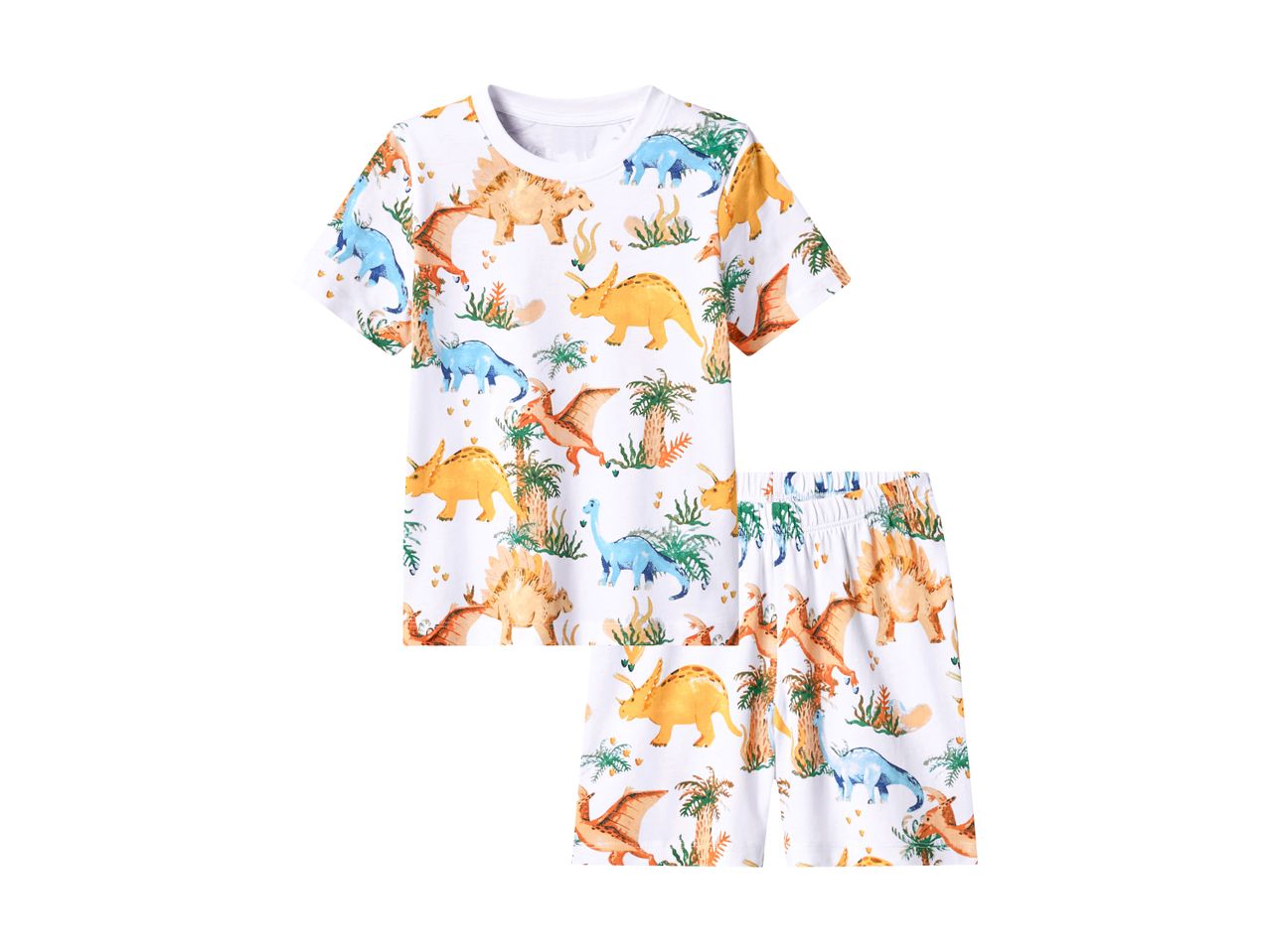 White short-sleeved top and shorts set with a colorful dinosaur and palm tree print.