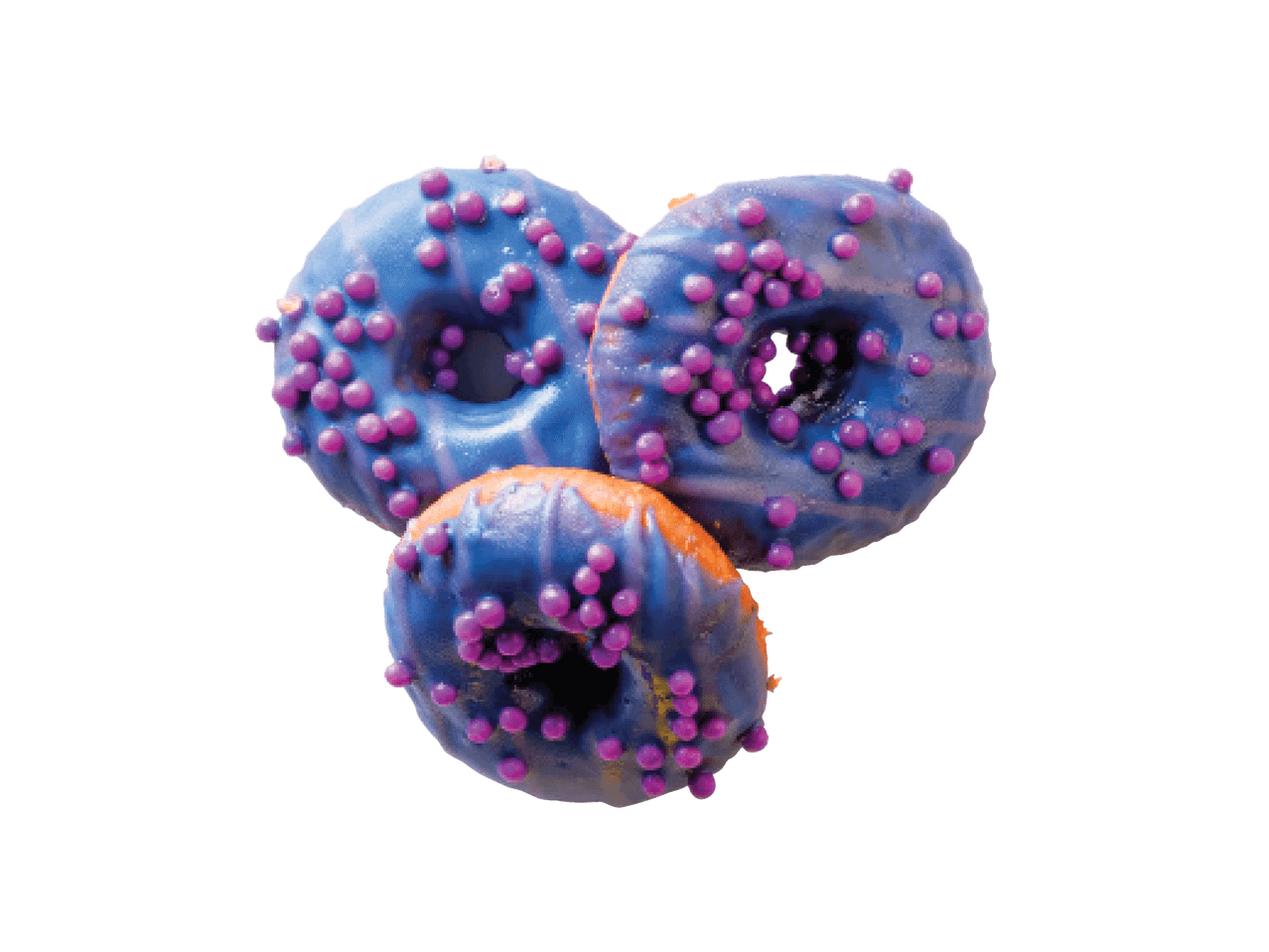Trys mėlynos spurgos su purpuriniais pabarstukais.
