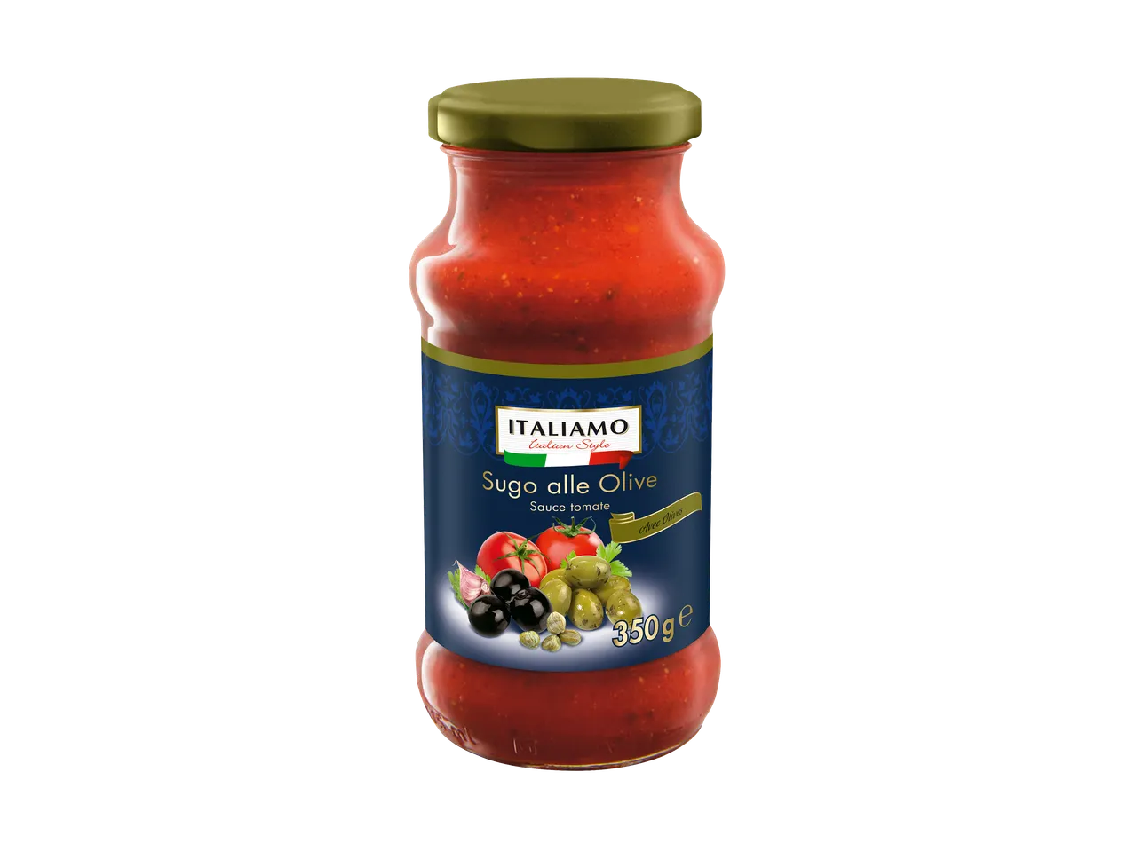 Bocal de sauce tomate aux olives, ail et câpres, 350g.