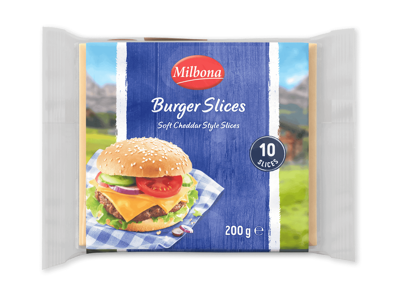 Pakke med 10 bløde cheddar-stil burgerosteskiver, 200g, med billede af en burger.