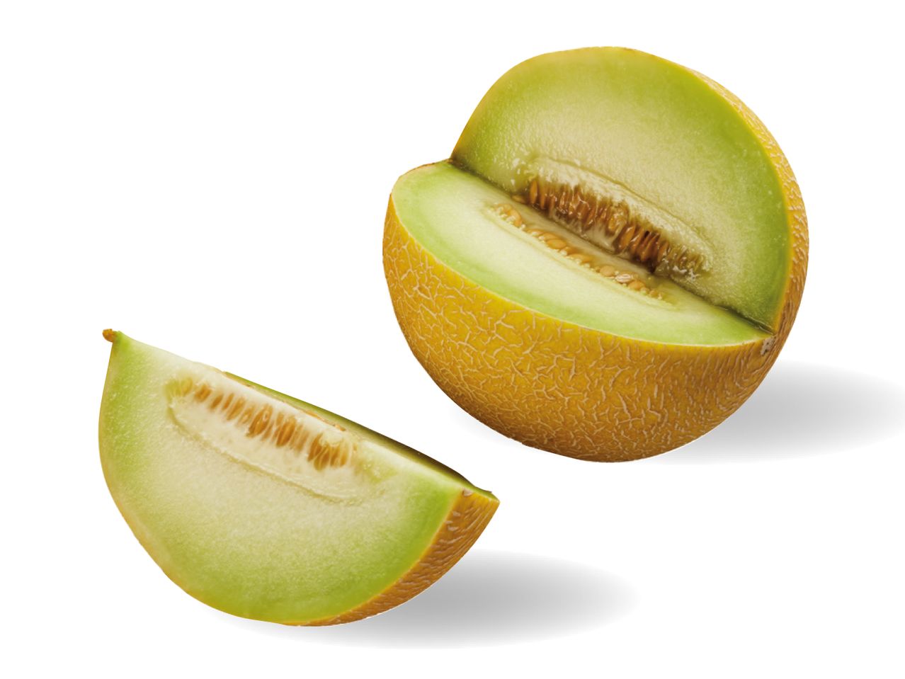 A halved cantaloupe and a single slice of cantaloupe with seeds.