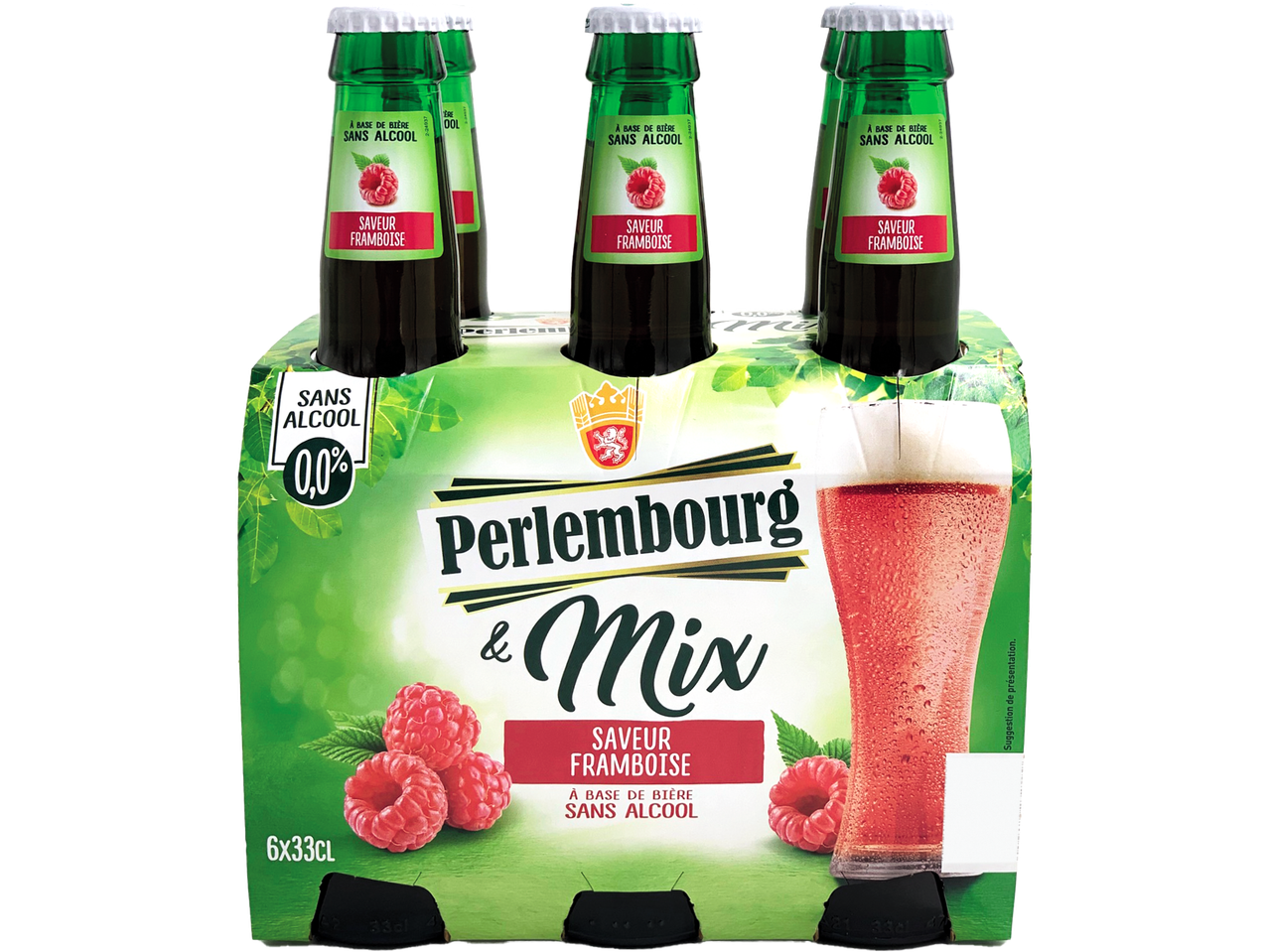 Pack de six bouteilles de Perlembourg & Mix, saveur framboise, sans alcool.