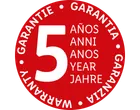 Sigillo rosso con il numero 5 e le parole 'anni', 'garanzia' e 'warranty' in diverse lingue.