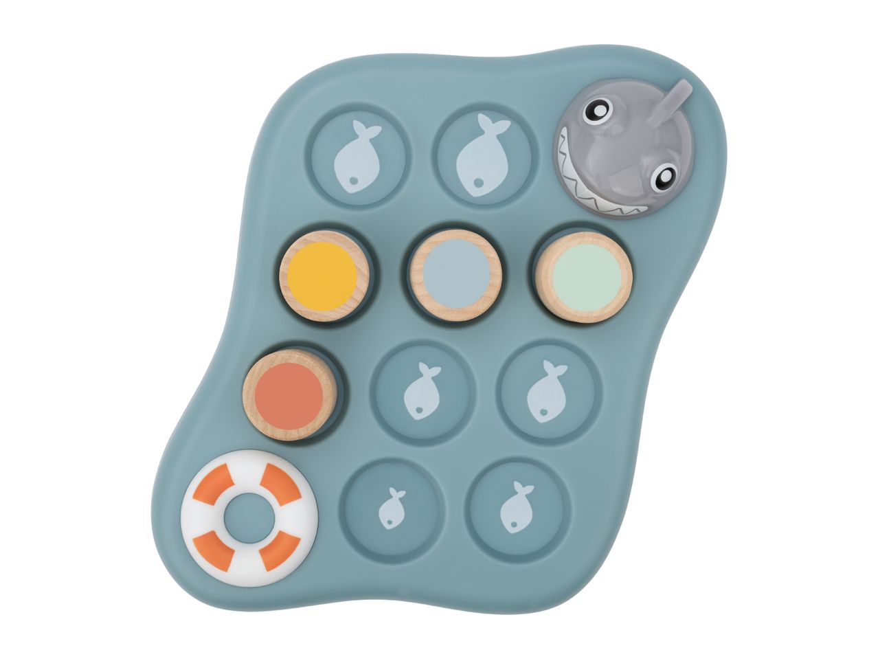 Children's fishing game with a shark, fish, and colorful wooden pieces.