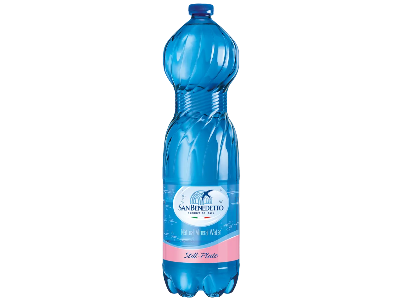 Bouteille d'eau minérale naturelle plate avec une étiquette rose et bleue.