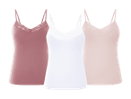 Tre camisole-toppe med blondekant i hvid, lyserød og mørkerød.