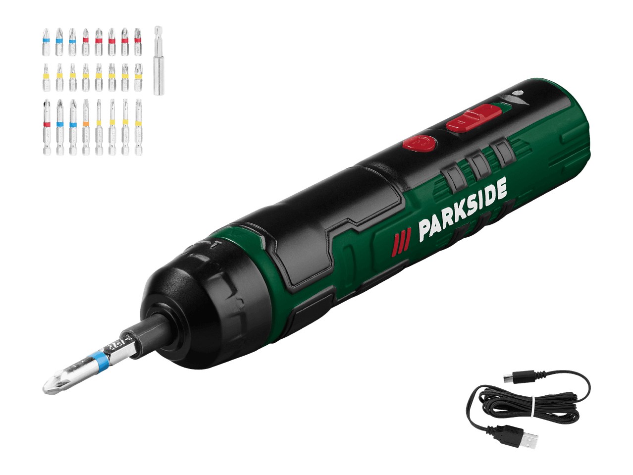 PARKSIDE-akkuruuvinväännin, jossa on laaja valikoima ruuvauskärkiä ja latauskaapeli.