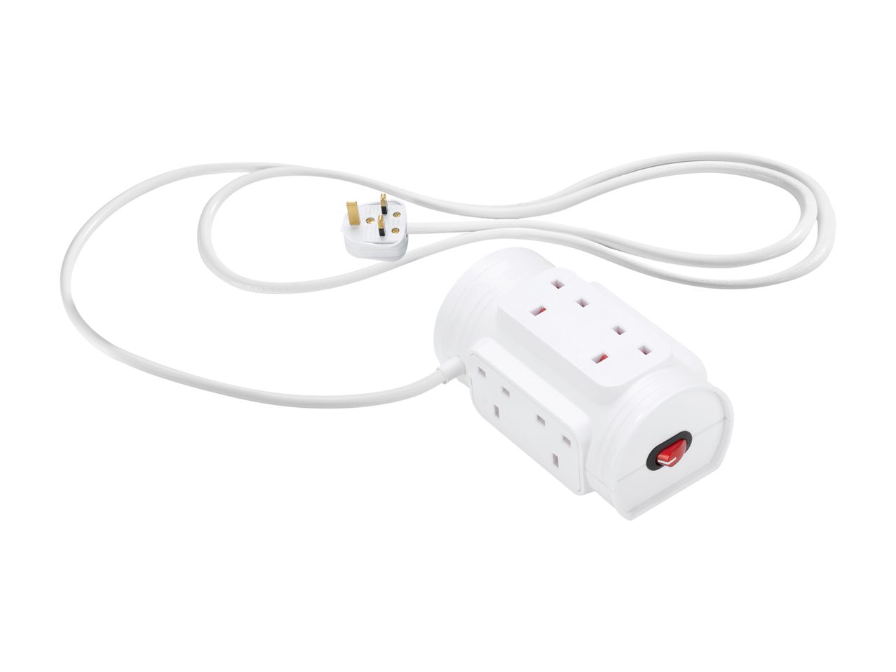 White 6-way extension lead with a UK plug and a red power switch.