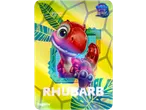Cartão colecionável com um dinossauro vermelho de desenho animado chamado Rhubarb, com tema de selva.