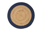 Round jute rug with a blue border.