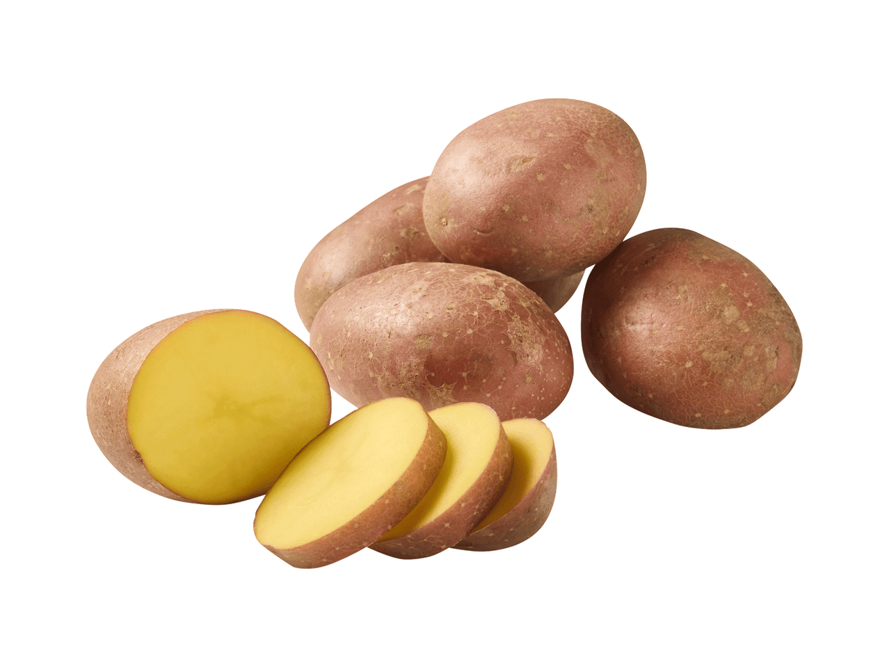 Batatas vermelhas inteiras e fatiadas com polpa amarela.