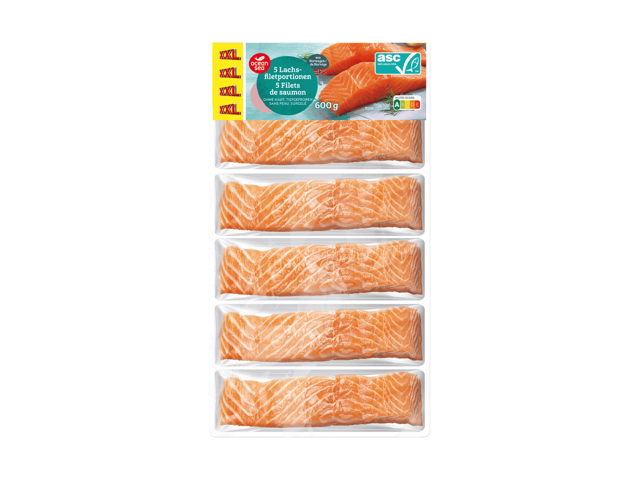 Paquet de 5 filets de saumon surgelés sans peau, 600g, avec des labels de qualité.
