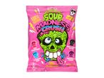 A pink bag of sour fruit-flavoured skull-shaped hard candies.