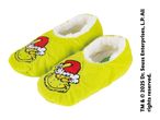 Grinch-themed slippers with a fluffy white lining, featuring the Grinch's face wearing a Santa hat.