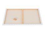 Back of a blank stretched canvas with wooden stretcher bars and a small bag of wooden keys.