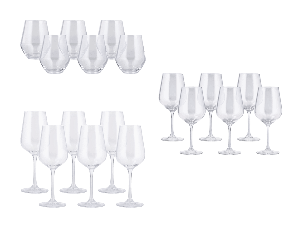 Ensemble de verres à vin et de verres sans pied en verre transparent.