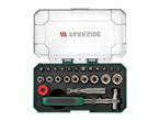 A Parkside ratchet and bit set in a clear and green case.