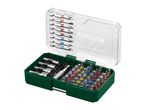 A green plastic case containing a set of precision screwdrivers and bits.