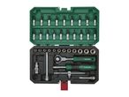 Open socket wrench set in a green and black plastic case.